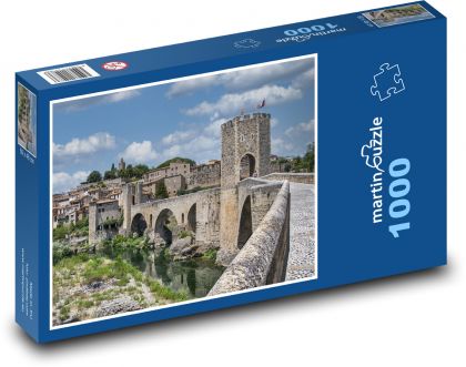 Středověká vesnice - most, řeka - Puzzle 1000 dílků, rozměr 60x46 cm