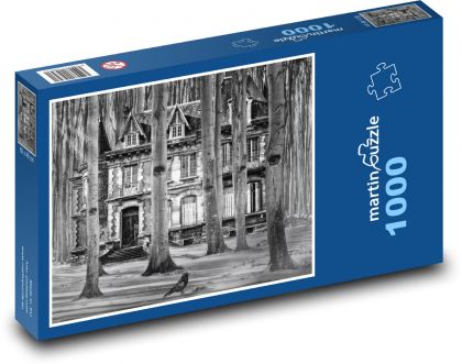 Dům v lese - stromy, vrána - Puzzle 1000 dílků, rozměr 60x46 cm