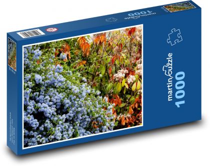 Květiny na zahradě - modré květy, jaro - Puzzle 1000 dílků, rozměr 60x46 cm