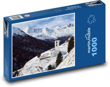 Winter landscape - snowy mountains, church Puzzle 1000 pieces - 60 x 46 cm 