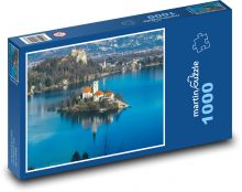 Jazero - kostol, príroda Puzzle 1000 dielikov - 60 x 46 cm 