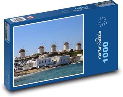 Mykonos - Řecko, větrné mlýny - Puzzle 1000 dílků, rozměr 60x46 cm