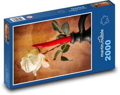 Bílá růže - květ, červená paprika - Puzzle 2000 dílků, rozměr 90x60 cm