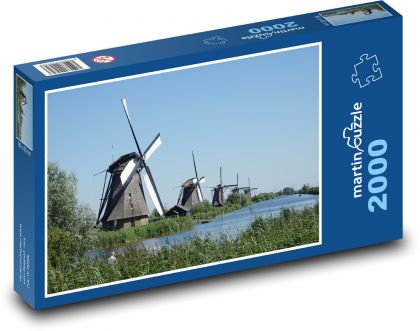 Holandské větrné mlýny - Kinderdijk, Holandsko - Puzzle 2000 dílků, rozměr 90x60 cm