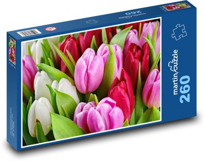 Tulipány - jarní květiny, okvětní lístky - Puzzle 260 dílků, rozměr 41x28,7 cm