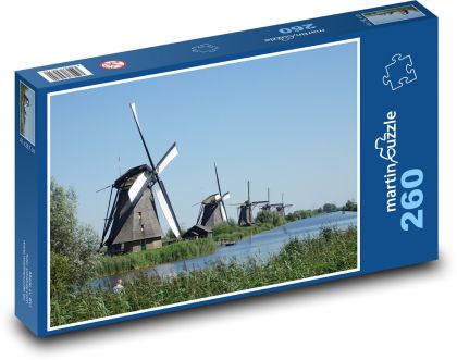 Holandské větrné mlýny - Kinderdijk, Holandsko - Puzzle 260 dílků, rozměr 41x28,7 cm