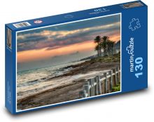 Zachód słońca na plaży - morze, palmy Puzzle 130 elementów - 28,7x20 cm