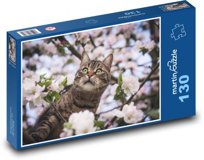 Cat on a tree - flowers, animal - Puzzle 130 pieces, size 28.7x20 cm 