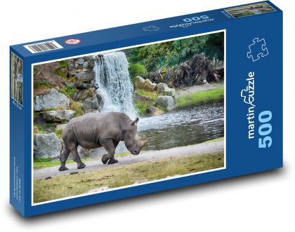 Rhinoceros - waterfall, wildlife - Puzzle of 500 pieces, size 46x30 cm 