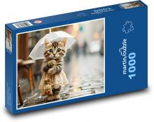 Cute kitten in the rain with umbrella Puzzle 1000 pieces - 60 x 46 cm 