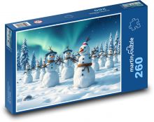 Sněhuláci v lese s polární září Puzzle 260 dílků - 41 x 28,7 cm